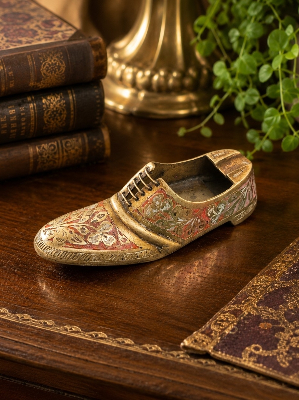 Vintage India Brass Shoe Ashtray Floral Inlay Decorative Trinket Dish